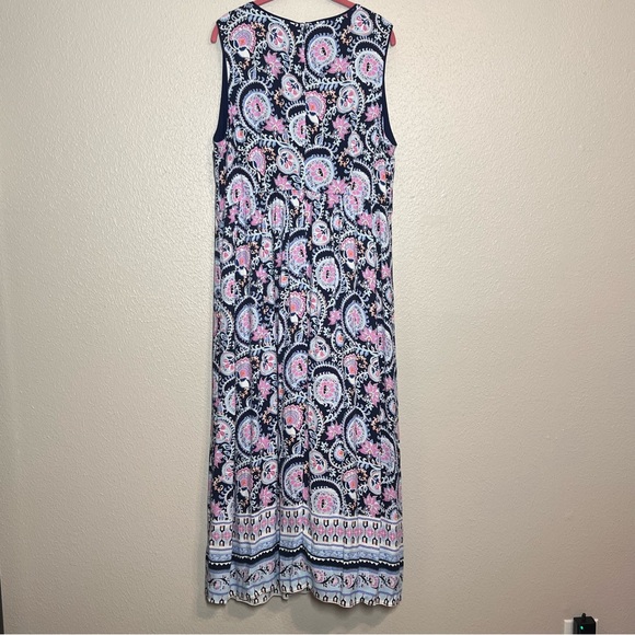 Talbots Maxi Dress Blue Pink Paisley Floral Sleeveless Empire Waist Splitneck 18 - Picture 8 of 14
